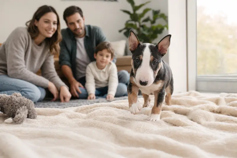 Ein neugieriger Mini-Bullterrier Welpe erkundet seine helle Wohnung mit Spielzeug und liebevoller Familie im Hintergrund.