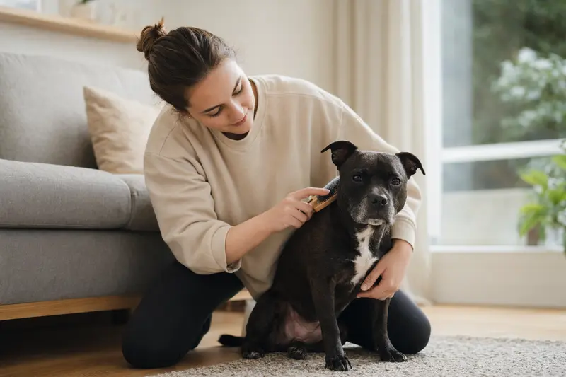 Ein Mini Staffordshire Bullterrier wird in einer hellen Wohnung sanft gebürstet, während sein Besitzer die Fellpflege aufmerksam und liebevoll übernimmt.