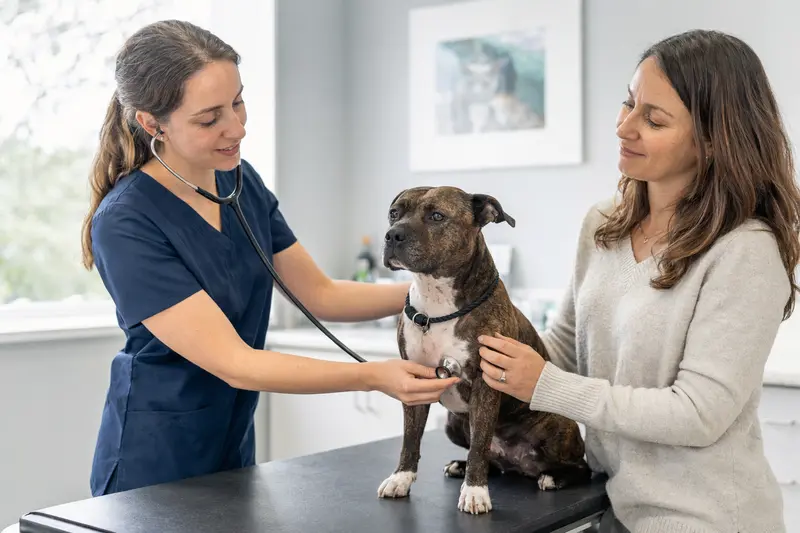 Ein Mini Staffordshire Bullterrier wird von einer freundlichen Tierärztin auf einem Untersuchungstisch untersucht, während der Besitzer beruhigend daneben steht.
