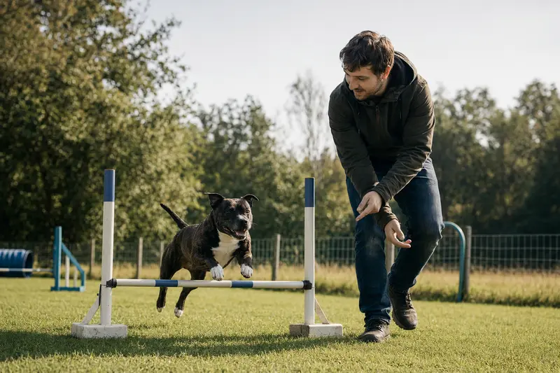 Ein Mini Staffordshire Bullterrier trainiert mit seinem Besitzer auf einem Hundeplatz über eine kleine Hürde in sonniger Atmosphäre.