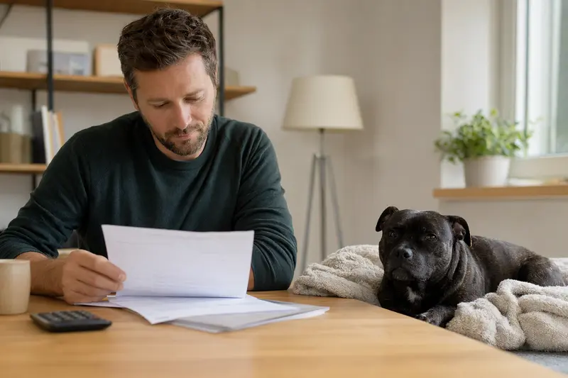 Ein Hundehalter sitzt mit einer Tierarztrechnung am Tisch, während ein entspannter Mini Staffordshire Bullterrier auf einer Decke liegt und die Tierarztkosten-Situation ruhig wirkt.