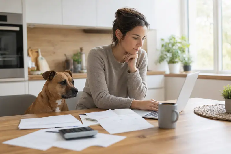 Ein Mini Staffordshire Bullterrier sitzt ruhig neben seinem Besitzer am Küchentisch, auf dem Versicherungsunterlagen und ein Laptop liegen, was die Bedeutung der Tierkrankenversicherung verdeutlicht.