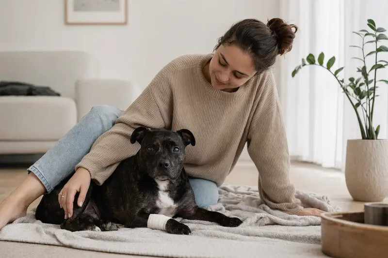 Mini Staffordshire Bullterrier mit leicht verbundenen Pfote liegt ruhig auf einer Decke, während sein Besitzer erleichtert neben ihm sitzt.