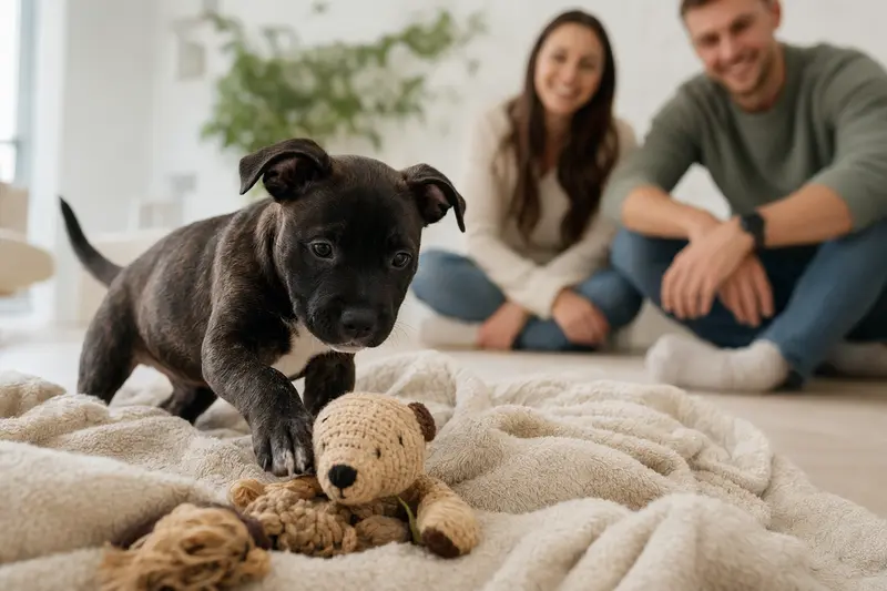 Ein neugieriger Mini Staffordshire Bullterrier Welpe erkundet seine neue, freundliche Wohnung mit Spielzeug und einer weichen Decke.