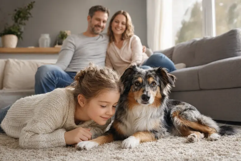 Ein freundlicher Miniatur Australian Shepherd liegt entspannt neben einem Kind im hellen Wohnzimmer, während die Eltern im Hintergrund eine sichere Familienatmosphäre schaffen.