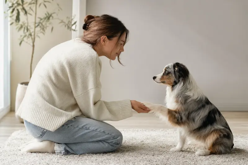 Ein aufmerksam stehender Miniatur Australian Shepherd vor hellem Hintergrund als realistisches Tierportrait mit weichem Licht.