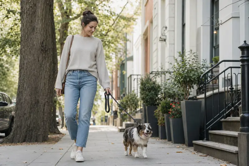 Ein Miniatur Australian Shepherd läuft an der Leine mit seinem Besitzer durch eine freundliche moderne Stadtstraße.