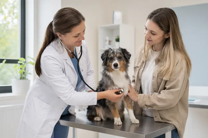 Eine Tierärztin untersucht einen ruhigen Miniatur Australian Shepherd mit dem Stethoskop in einer modernen Tierarztpraxis, während der Besitzer beruhigend danebensteht.
