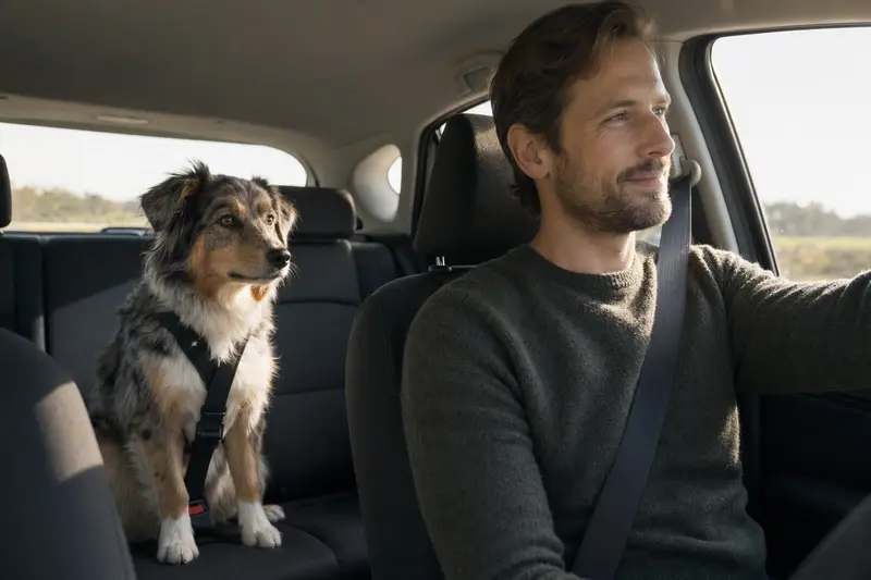 Ein Miniatur Australian Shepherd sitzt sicher angeschnallt auf der Rückbank eines Autos, während sein Besitzer ruhig fährt.