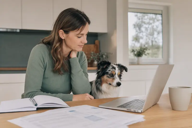 Ein Miniatur Australian Shepherd sitzt ruhig neben seinem Besitzer am Küchentisch mit Versicherungsunterlagen und einem Laptop zur Hundekrankenversicherung.