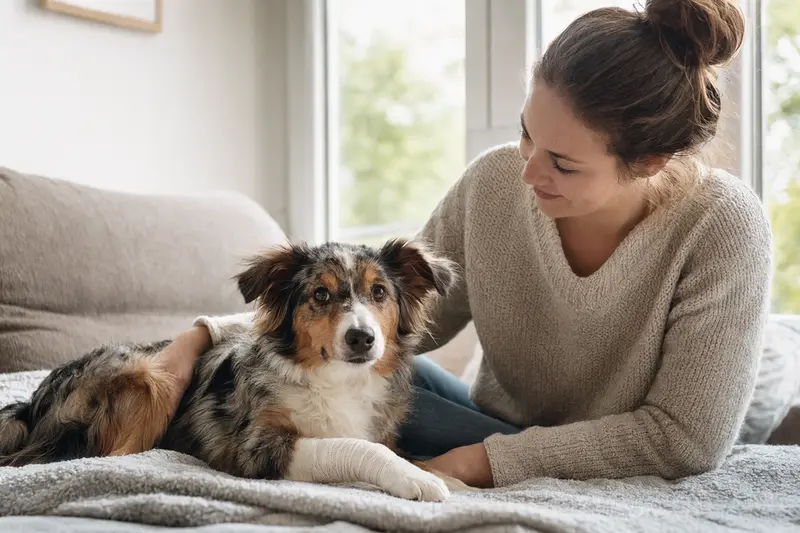 Ein Miniatur Australian Shepherd mit leicht verbundenem Pfotenverband liegt ruhig auf einer Decke neben seinem erleichterten Besitzer in einer hellen Wohnung.
