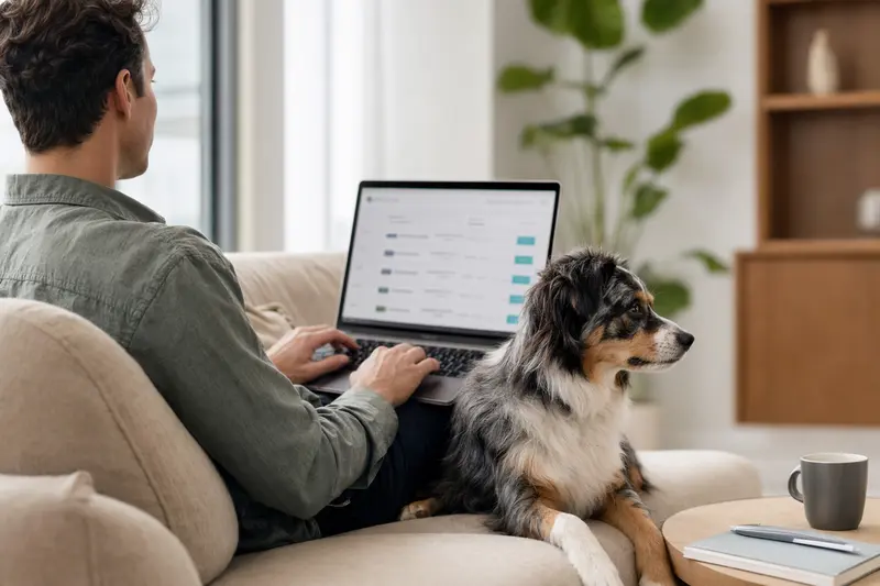Ein Besitzer arbeitet am Laptop auf dem Sofa, während ein Miniatur Australian Shepherd Hund neben ihm sitzt, was eine entspannte und sichere Atmosphäre schafft.