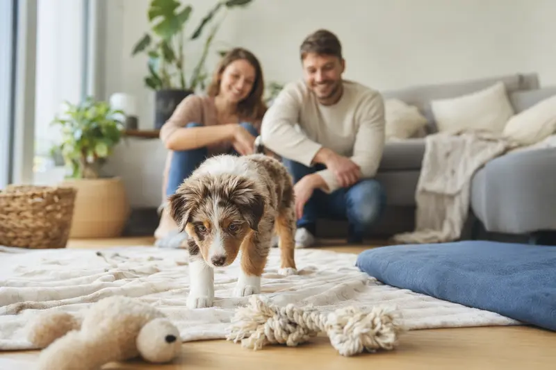 Ein junger Miniatur Australian Shepherd Welpe erkundet neugierig sein neues Zuhause in einer hellen Wohnung mit weicher Decke und Spielzeug.