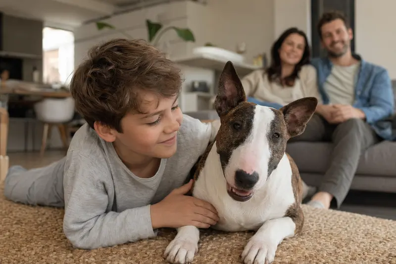 Ein freundlicher Miniatur Bullterrier liegt entspannt neben einem Kind im Wohnzimmer, während die Eltern im Hintergrund stehen und eine sichere Familienatmosphäre entsteht.