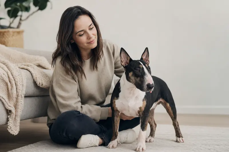 Ein aufmerksam stehender Miniatur Bullterrier vor hellem Hintergrund im professionellen Tierportrait.