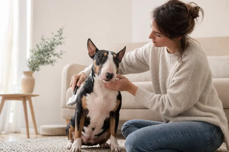 Ein Miniatur Bullterrier wird zuhause von seinem Besitzer sanft gebürstet und gepflegt.