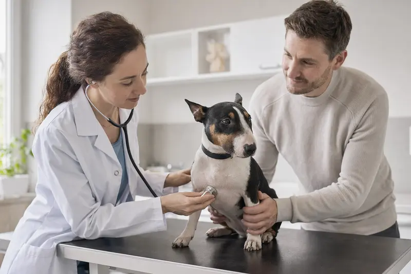 Ein ruhiger Miniatur Bullterrier auf einem Untersuchungstisch in einer modernen Tierarztpraxis, während eine freundliche Tierärztin ihn mit einem Stethoskop untersucht.