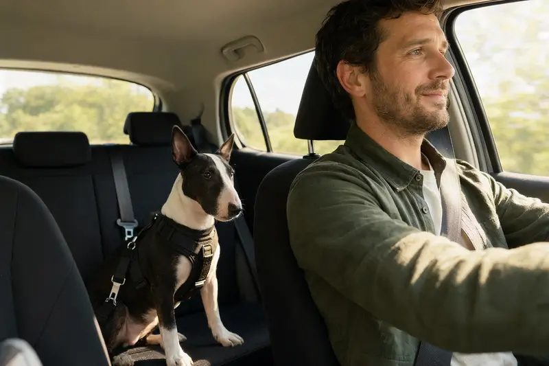 Ein Miniatur Bullterrier sitzt sicher angeschnallt auf der Rückbank eines Autos, während sein Besitzer ruhig fährt.