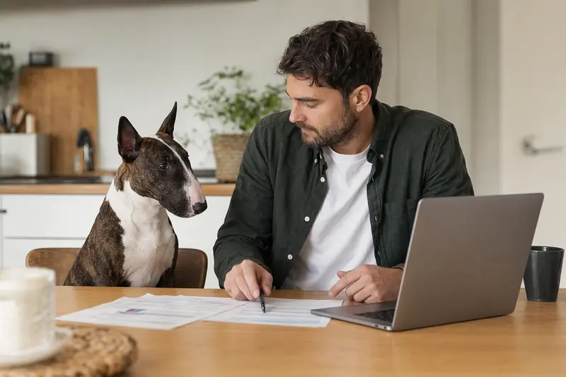 Ein Miniatur Bullterrier sitzt entspannt neben seinem Besitzer am Küchentisch, auf dem Versicherungsunterlagen und ein Laptop liegen.