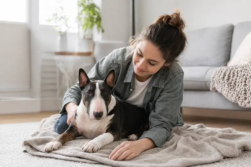 Ein Miniatur Bullterrier mit leicht verbundenem Pfötchen liegt ruhig auf einer Decke, während sein Besitzer erleichtert neben ihm sitzt.
