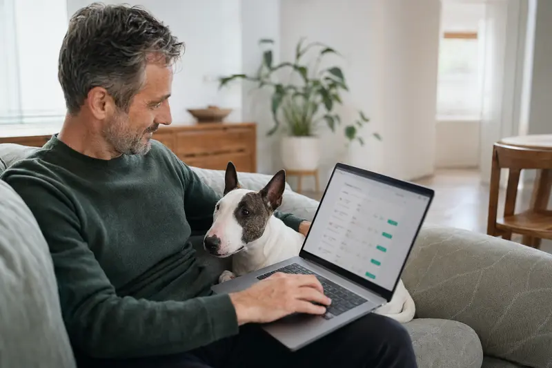 Besitzer mit Laptop auf dem Sofa, ein Miniatur Bullterrier sitzt daneben und zeigt Interesse an Versicherungsinfos.