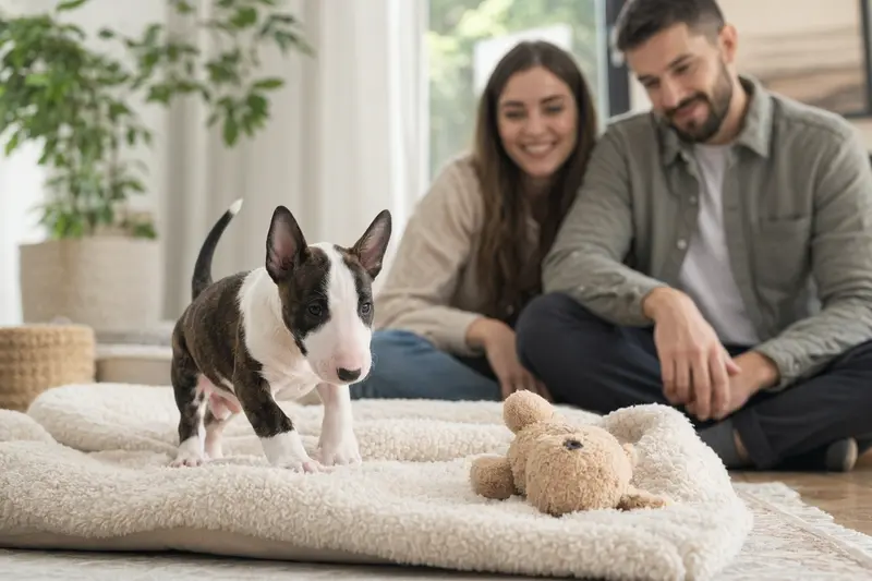 Ein neugieriger Miniatur Bullterrier Welpe entdeckt in einem hellen Zuhause seine weiche Decke und Spielzeuge.