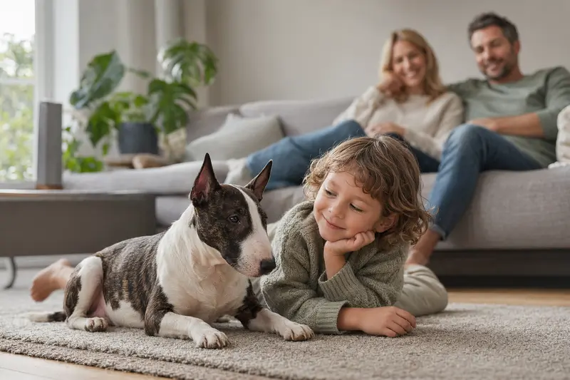 Ein entspannter Miniaturbullterrier liegt neben einem Kind in einem hellen Wohnzimmer.