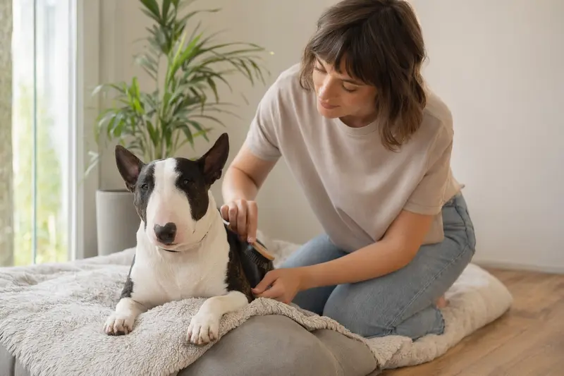 Ein Miniaturbullterrier wird in einer hellen Wohnung sanft gebürstet, während sein Besitzer liebevoll die Fellpflege übernimmt.