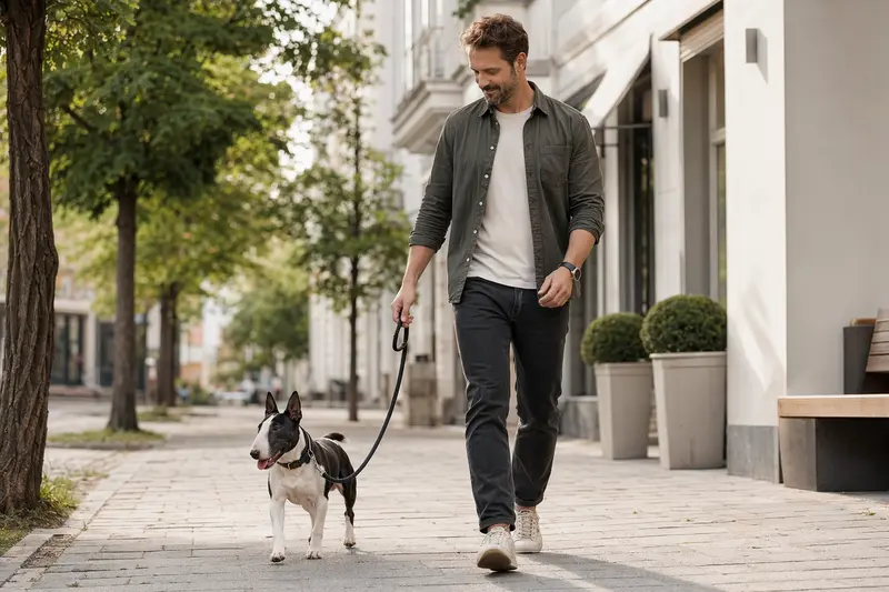 Ein Miniaturbullterrier läuft an der Leine mit seinem Besitzer durch eine moderne Stadtstraße.