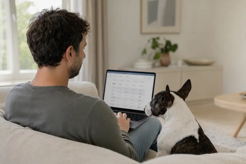 Ein Hundebesitzer sitzt entspannt mit einem Laptop auf dem Sofa, während ein Miniaturbullterrier neben ihm liegt und eine neutrale Versicherungsvergleichsseite auf dem Bildschirm sichtbar ist.