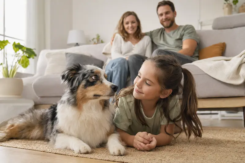 Ein freundlicher Miniature American Shepherd liegt entspannt neben einem Kind im Wohnzimmer, während Eltern im Hintergrund eine sichere Familienatmosphäre schaffen.