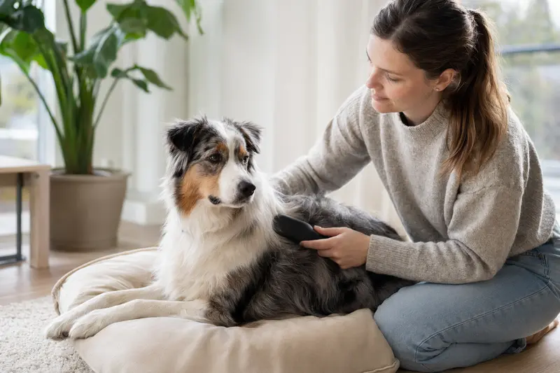 Ein Miniature American Shepherd wird in einer hellen Wohnung sanft gebürstet, während sein Besitzer sich liebevoll um die Fellpflege kümmert.