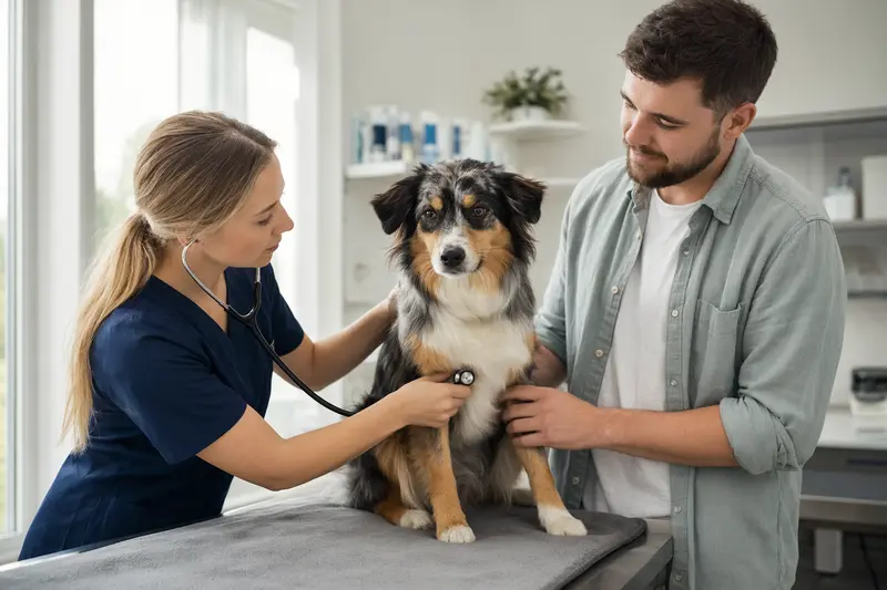 Eine Tierärztin untersucht einen ruhigen Miniature American Shepherd auf einem Untersuchungstisch mit dem Stethoskop, während der Besitzer beruhigend danebensteht.