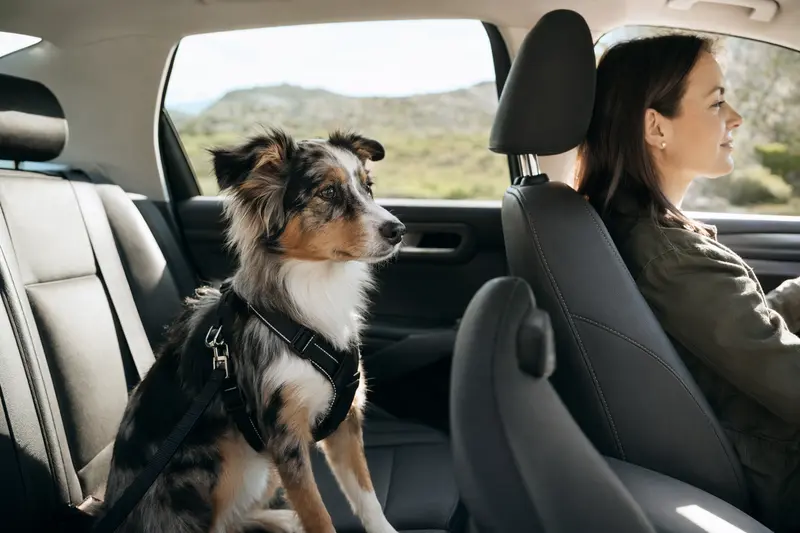 Ein Miniature American Shepherd sitzt sicher angeschnallt auf der Rückbank eines Autos, während der Besitzer ruhig fährt.