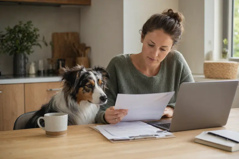 Ein Miniature American Shepherd sitzt ruhig neben seinem Besitzer am Küchentisch, während auf dem Tisch Versicherungsunterlagen und ein Laptop mit einer neutralen Vergleichsseite liegen.