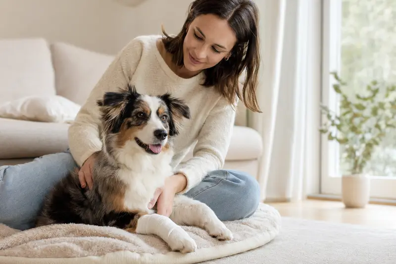 Ein Miniature American Shepherd mit leicht bandagierter Pfote liegt ruhig auf einer Decke, während sein Besitzer erleichtert neben ihm sitzt.