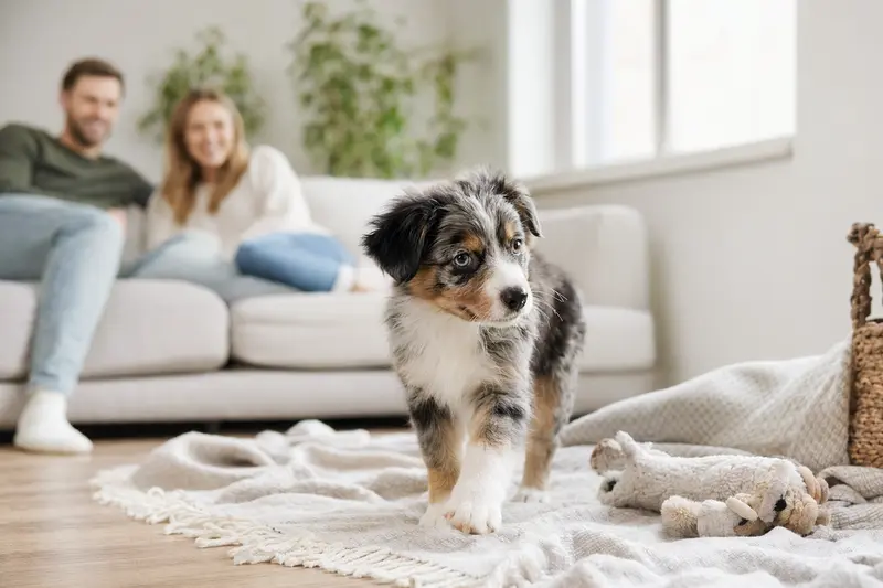Ein junger Miniature American Shepherd Welpe erkundet neugierig sein neues Zuhause in einer hellen Wohnung mit weicher Decke und Spielzeug.