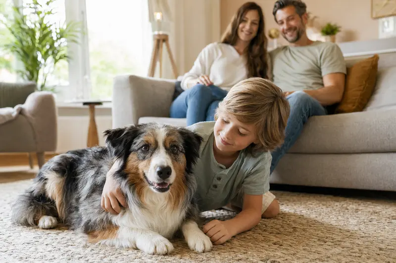 Ein freundlicher Miniature Australian Shepherd liegt entspannt neben einem Kind im hellen Wohnzimmer, während die Eltern im Hintergrund eine sichere Familienatmosphäre schaffen.