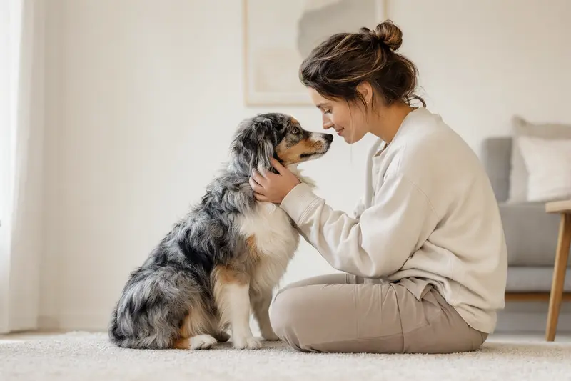Ein aufmerksam stehender Miniature Australian Shepherd vor hellem Hintergrund als realistisches Portrait eines Hundes mit typischer Fellstruktur.