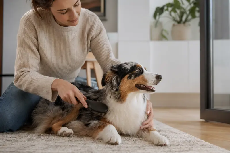 Ein Miniature Australian Shepherd wird in einer hellen Wohnung liebevoll gebürstet, was die sorgfältige Fellpflege und verantwortungsvolle Hundegesundheit zeigt.