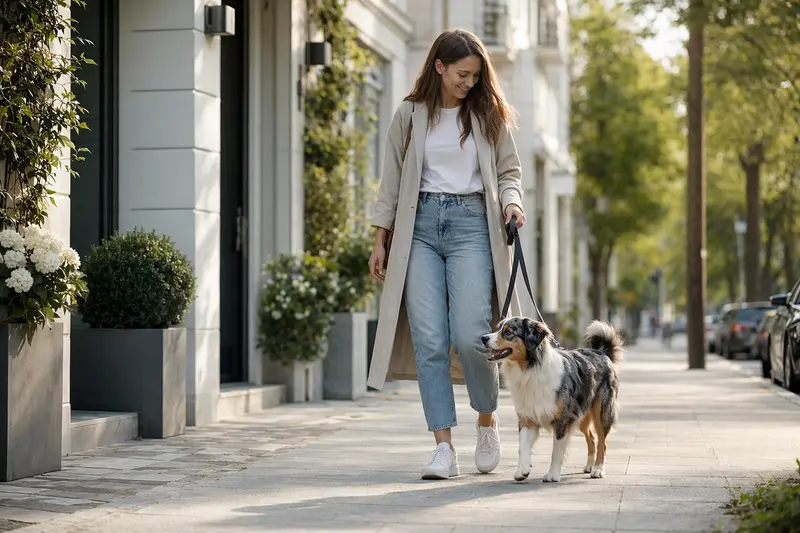 Ein Miniature Australian Shepherd läuft an der Leine mit seinem Besitzer durch eine freundliche moderne Stadtstraße.