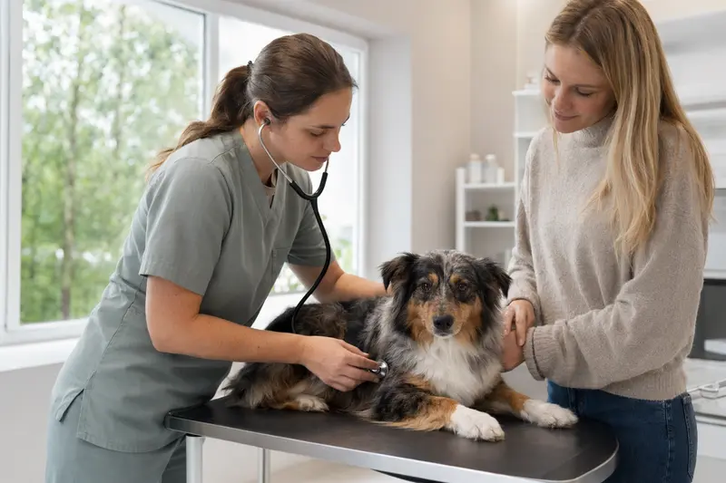 Ein beruhigter Miniature Australian Shepherd wird von einer freundlichen Tierärztin mit einem Stethoskop in einer modernen Tierarztpraxis untersucht.