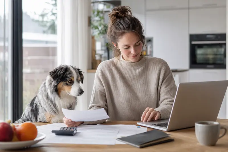 Ein Miniature Australian Shepherd sitzt neben seinem Besitzer am Tisch mit Versicherungsunterlagen und einem Laptop.
