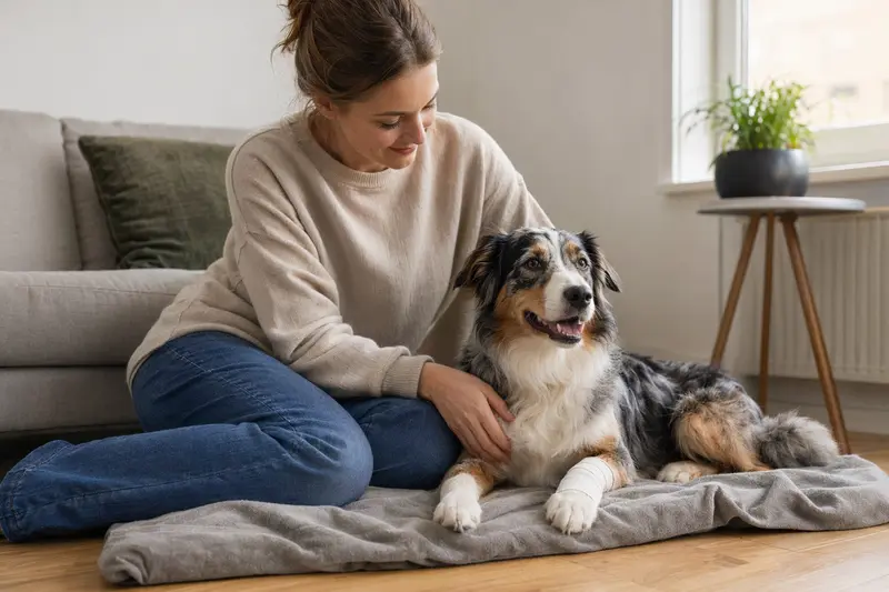 Miniature Australian Shepherd mit leicht verbundenem Pfotenverband liegt ruhig auf einer Decke neben seinem erleichterten Besitzer.