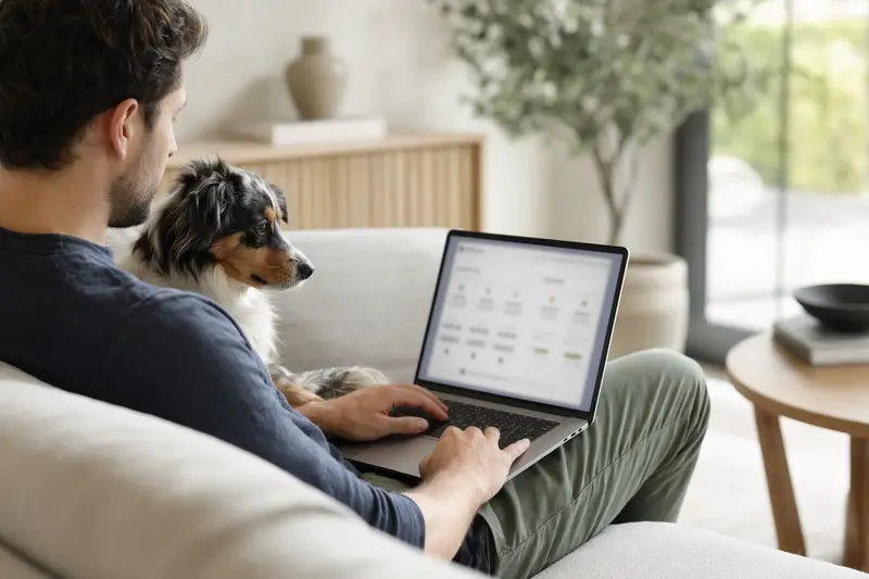 Ein Besitzer mit einem Miniature Australian Shepherd Hund auf dem Sofa arbeitet am Laptop, während er einen Versicherungsvergleich mit Fokus auf Tiergesundheit betrachtet.
