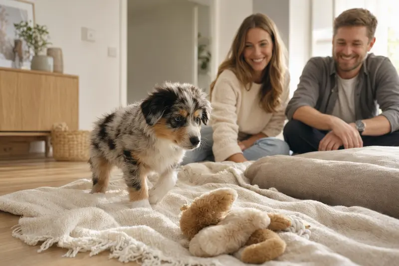 Ein neugieriger Miniature Australian Shepherd Welpe erkundet seine neue, helle Wohnung mit Spielzeug und einer weichen Decke.
