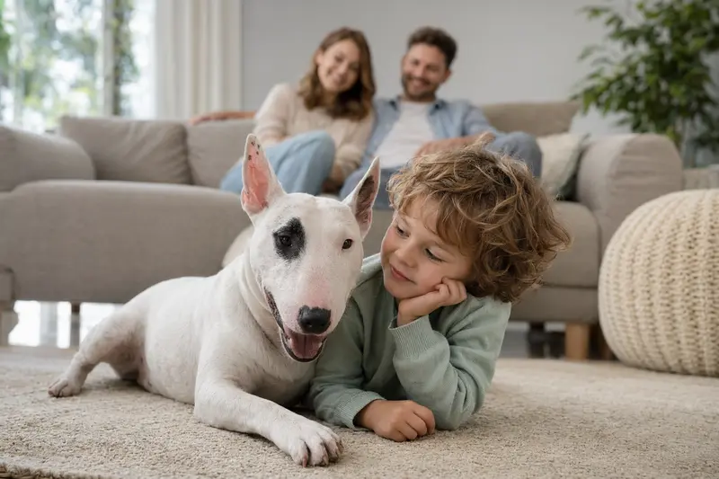 Ein freundlicher Miniature Bull Terrier liegt entspannt neben einem Kind im hellen Wohnzimmer, während die Eltern im Hintergrund eine sichere Familienatmosphäre schaffen.