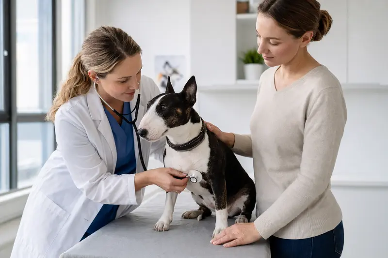 Ein ruhiger Miniature Bull Terrier wird von einer freundlichen Tierärztin in einer modernen Tierarztpraxis mit einem Stethoskop untersucht, während der Besitzer beruhigend neben ihm steht.