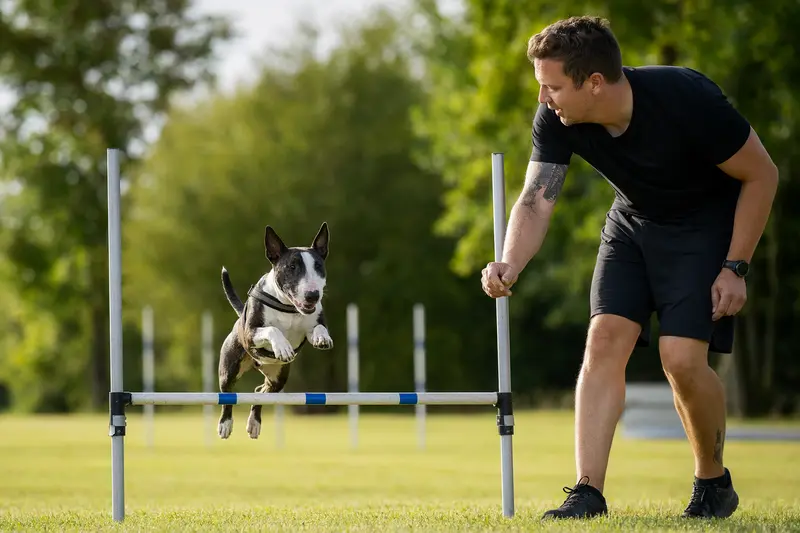 Miniature Bull Terrier trainiert mit seinem Besitzer über eine kleine Hürde auf dem Hundeplatz bei sonnigem Wetter.