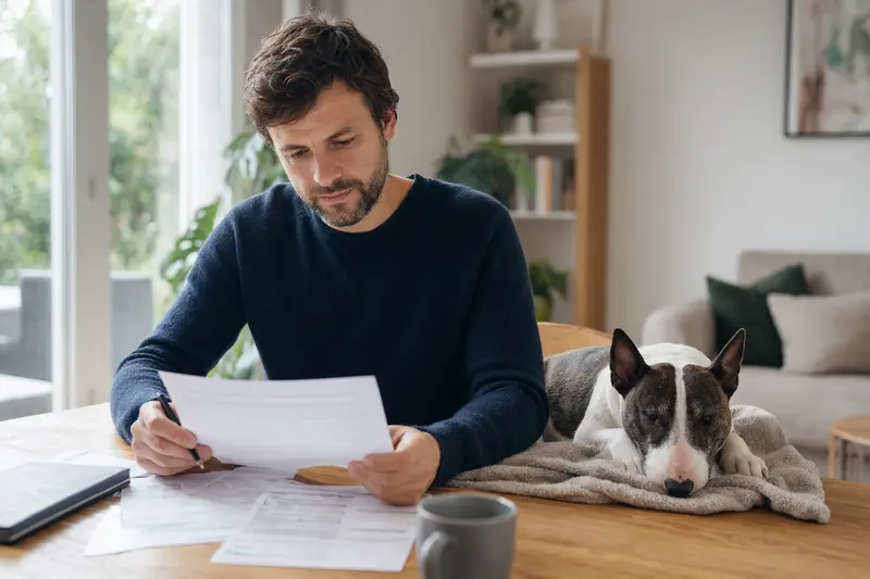 Ein Hundebesitzer sitzt mit einer Tierarztrechnung am Tisch, während sein entspannter Miniature Bull Terrier auf einer Decke liegt – ein ruhiges Motiv zum Thema Tierarztkosten und Hundekrankenversicherung.